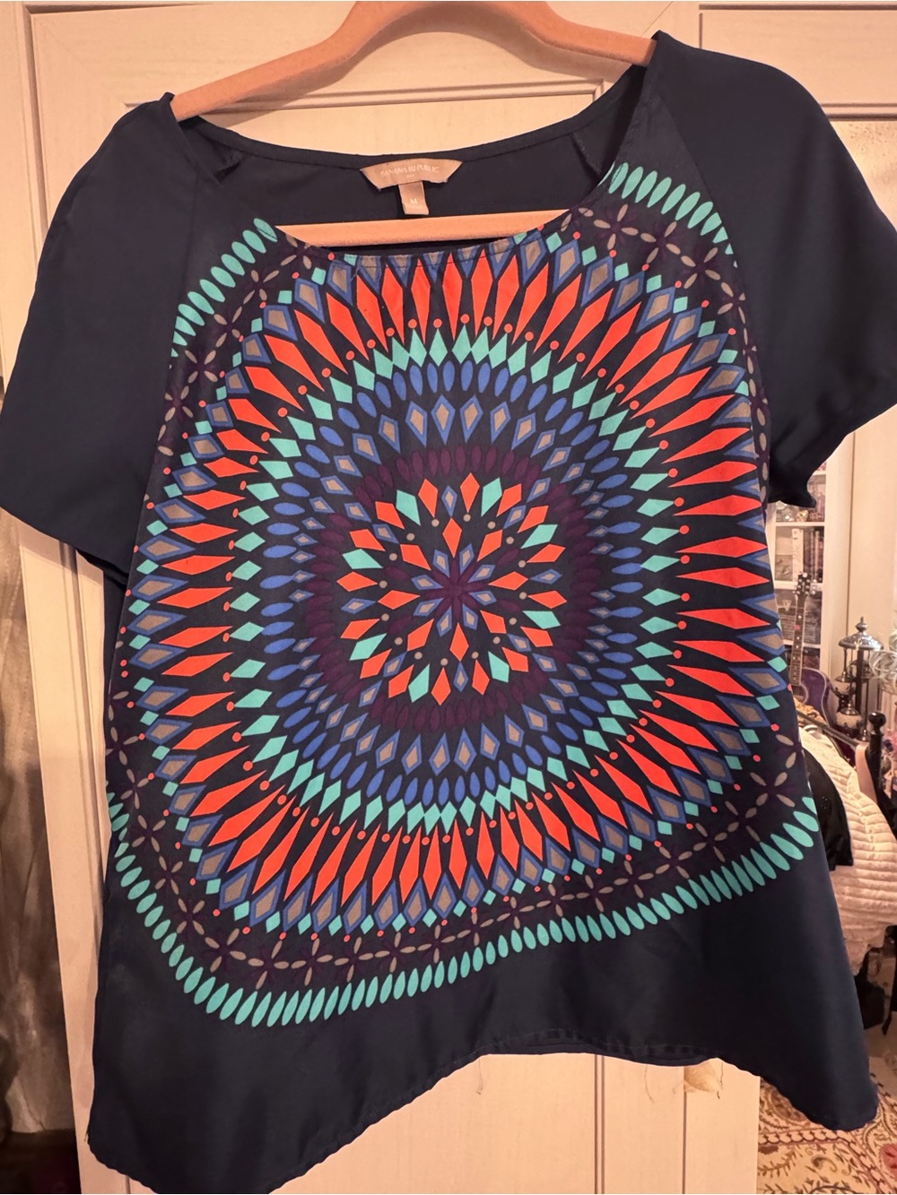 Banana Republic Navy Short Sleeve Top with Red and Aqua Medallion Print